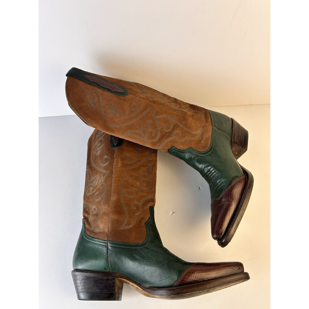 Nine West Vintage Women 7 Western Boots Used Green And Camel Cowgirl - Picture 6 of 10